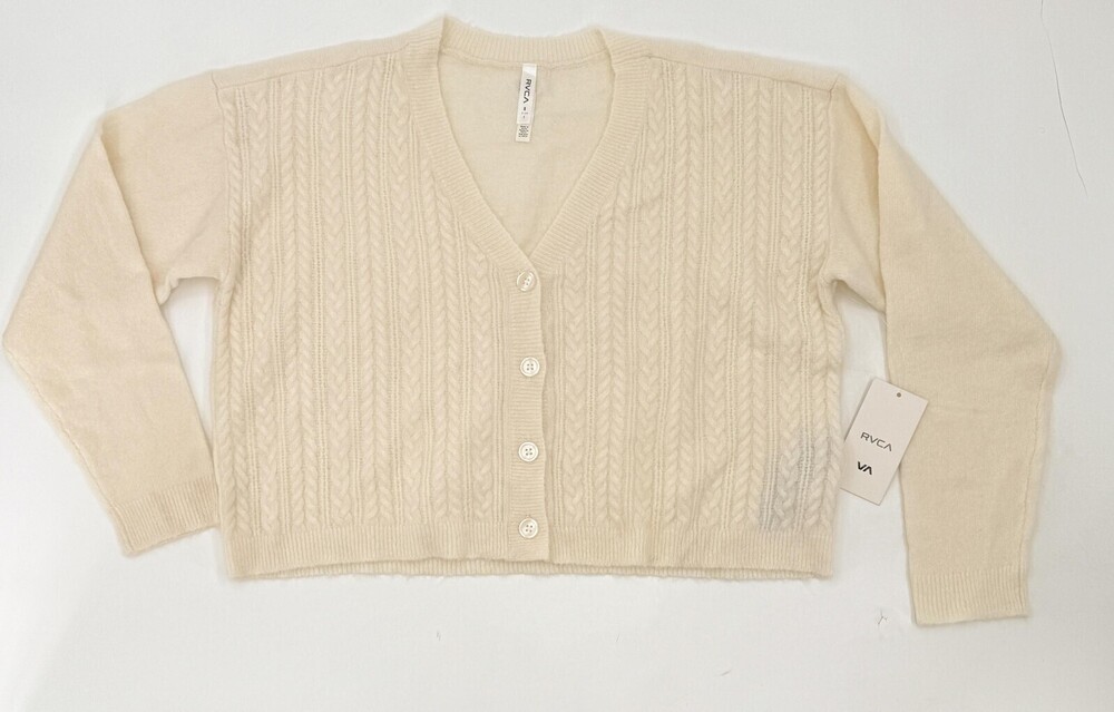 RVCA Cardigan Sweater Womens Small Ivory Cable Knit Button V Neck AVJSW00131